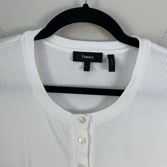 Theory Womens Large White Long Sleeve Henley Shirt Ribbed Stretch Top - Picture 7 of 8